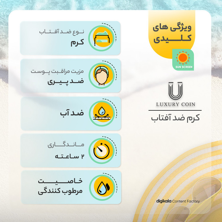 کرم ضدآفتاب بدون رنگ لاکچری کوین، مدل SPF50، مناسب انواع پوست، حجم 50 میلیلیتر، ضد آب، محافظت کننده در برابر اشعه UVA ،UVB، ضد پیری پوست، فاقد چربی، مرطوب کننده، تقویتکننده ساختار پوست، با ماندگاری 2 ساعته